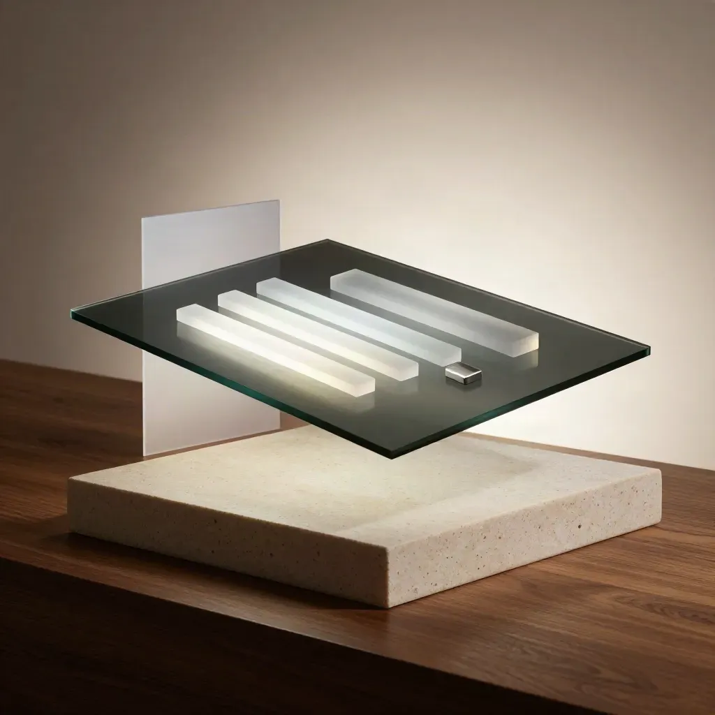 Dark glass analytics slab with frosted acrylic bars hovering above a pale pedestal.