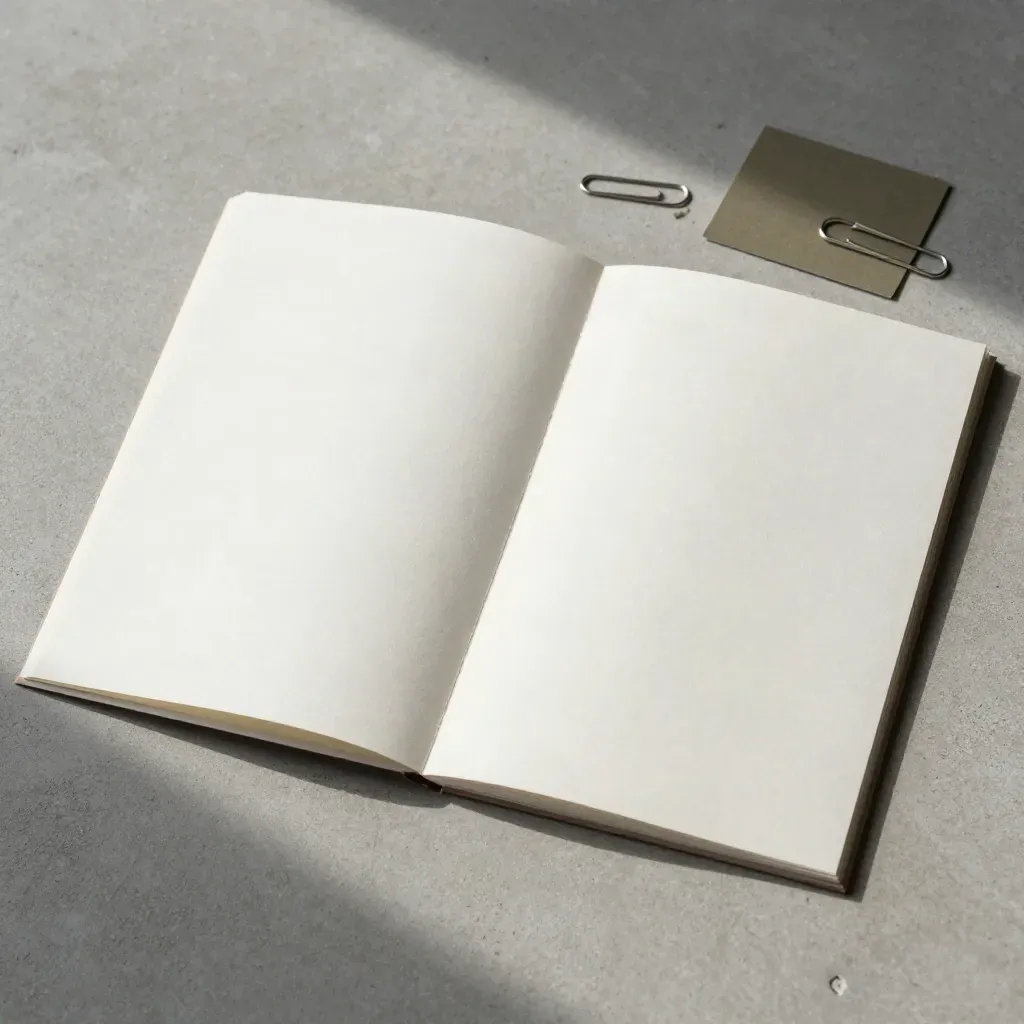 Two blank page mockups with a paper clip and slate swatch on pale concrete.