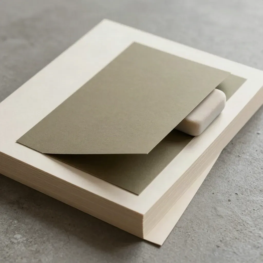 Overhead mockup board with folded card, paper layers and a soft eraser on concrete.