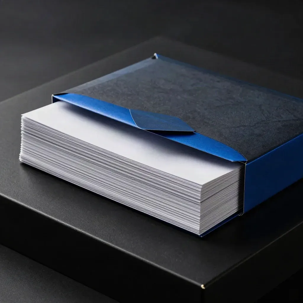 Split envelope reveals layered copy slips on a dark plinth with electric-blue banding.
