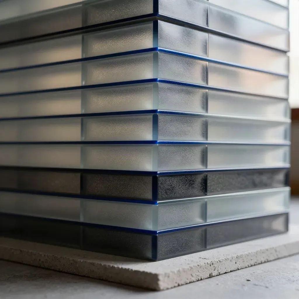 Dark glass analytics modules rise in a low-angle hero shot on a pale concrete base.