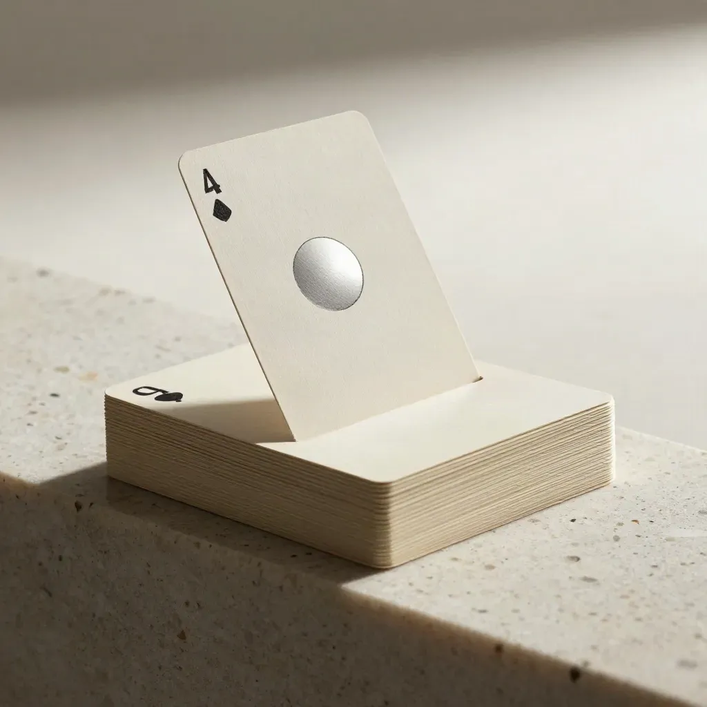Blank cards with a mirror tile and clipped sleeve on travertine, lit by hard raking light.