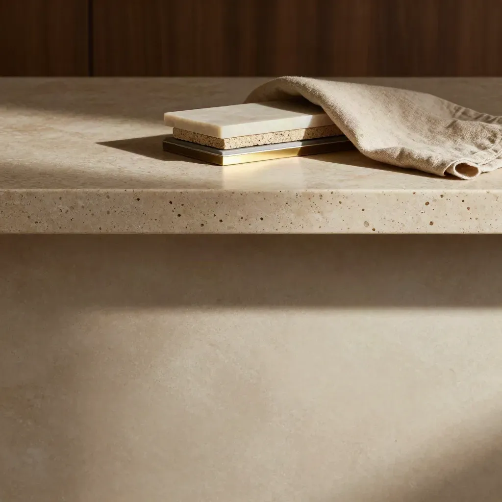 Travertine worktop with stone samples, brass trim, and soft morning light.